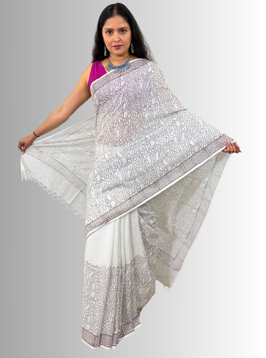 Handloom cotton linen white jaal hand block print saree with blouse