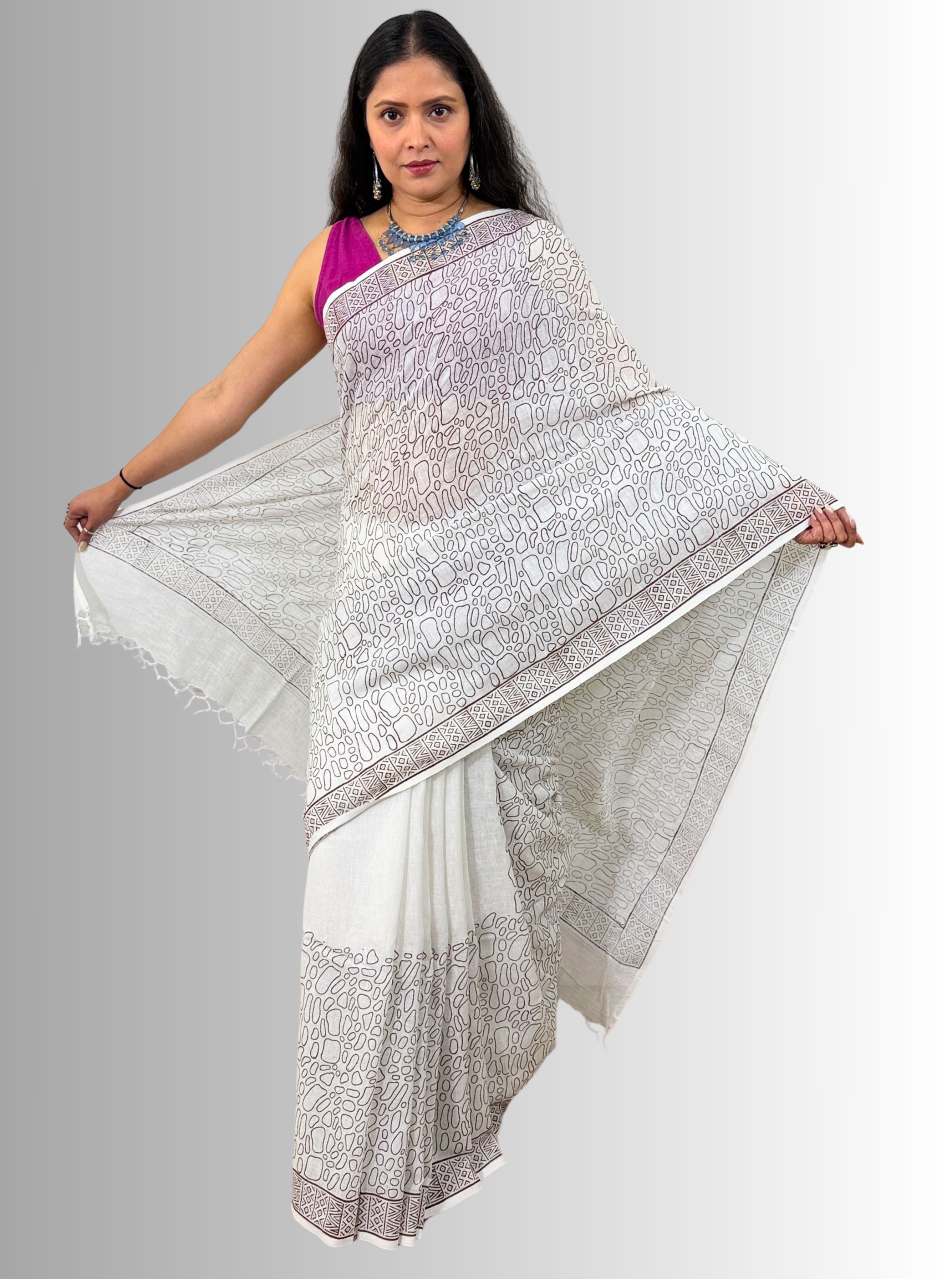 Handloom cotton linen white jaal hand block print saree with blouse