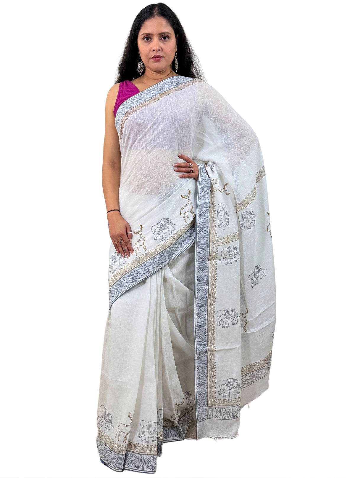 handloom cotton linen hand block print saree with blouse
