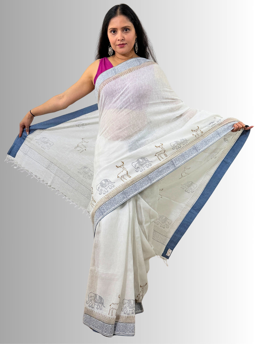 handloom cotton linen hand block print saree with blouse