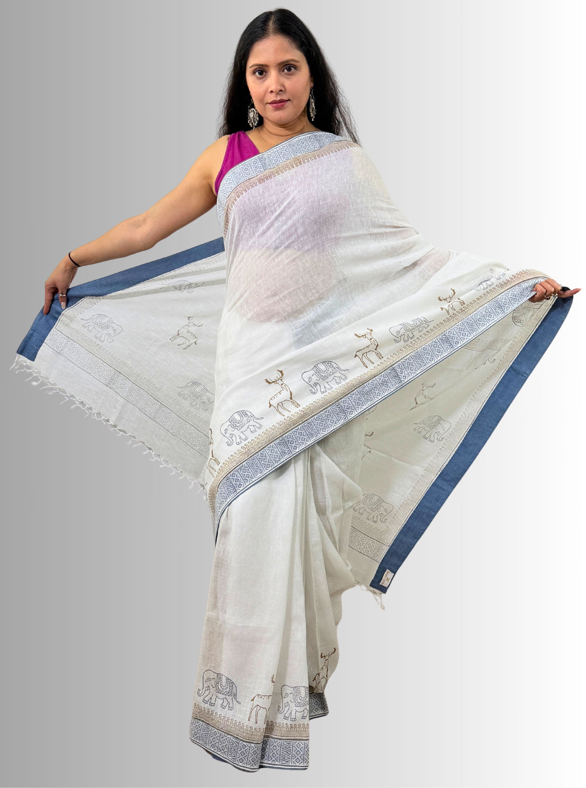handloom cotton linen hand block print saree with blouse