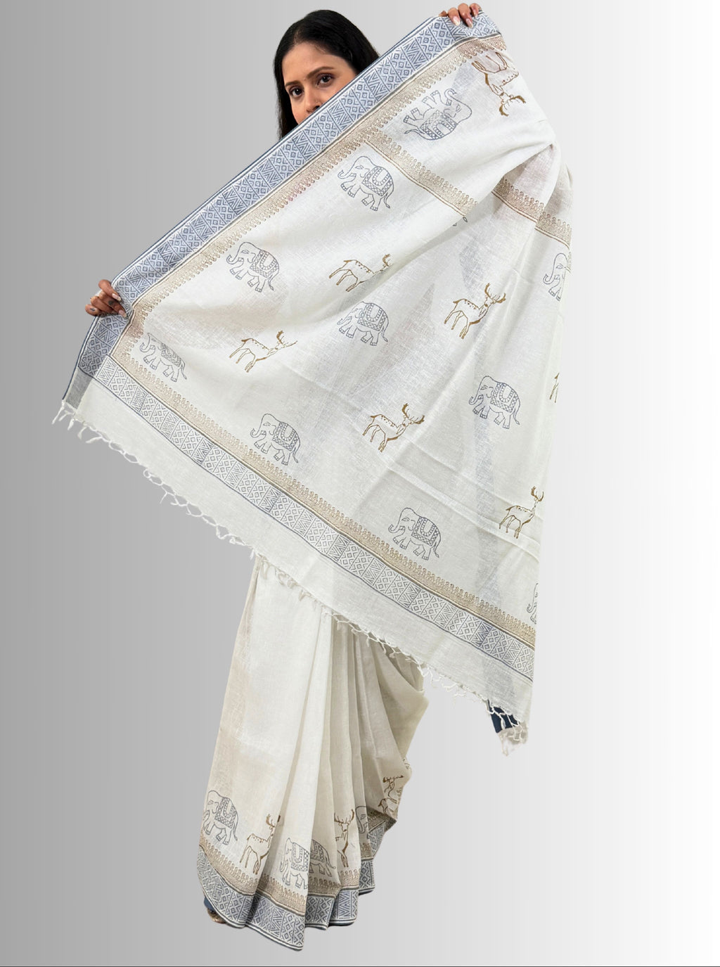 handloom cotton linen hand block print saree with blouse