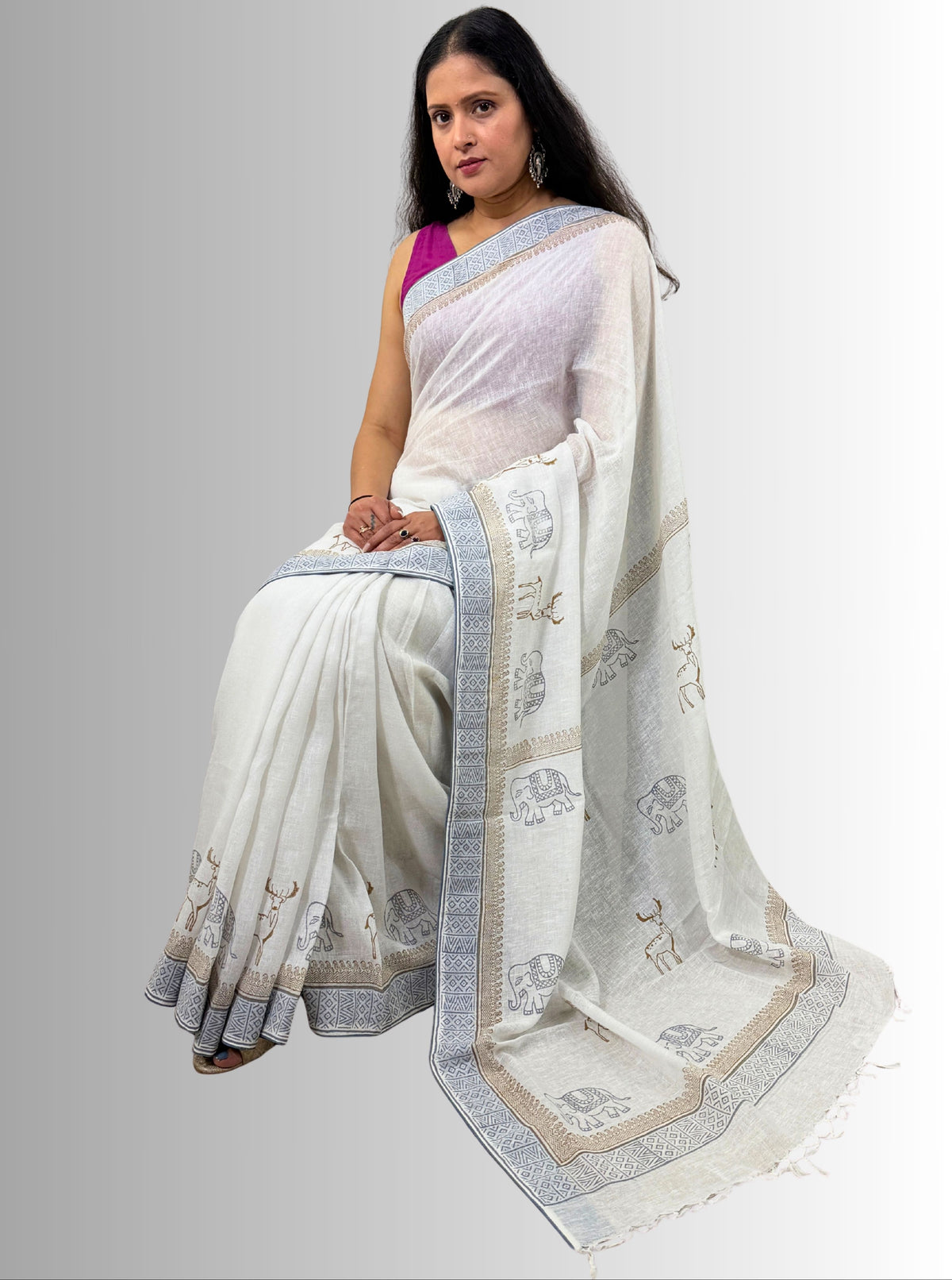 handloom cotton linen hand block print saree with blouse