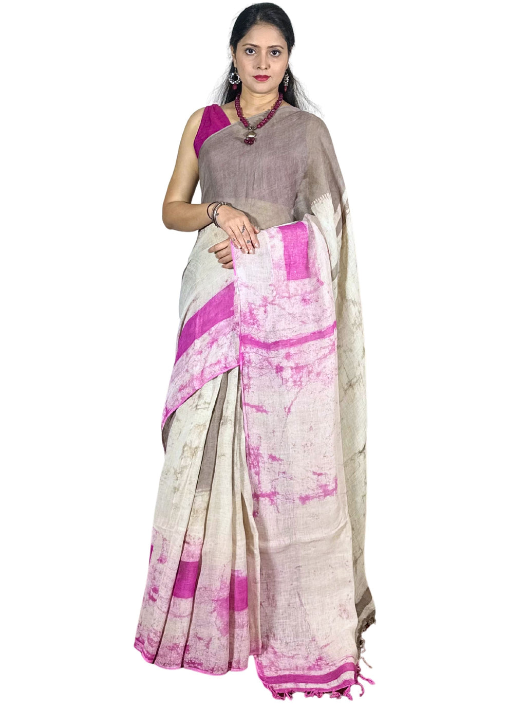mouse colour and pink dabu print handloom linen saree with blouse