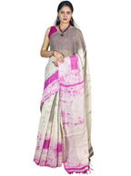 mouse colour and pink dabu print handloom linen saree with blouse