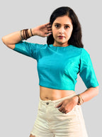 Round Neck Turquoise Cotton Tussar Silk Blouse with Back Wooden Buttons