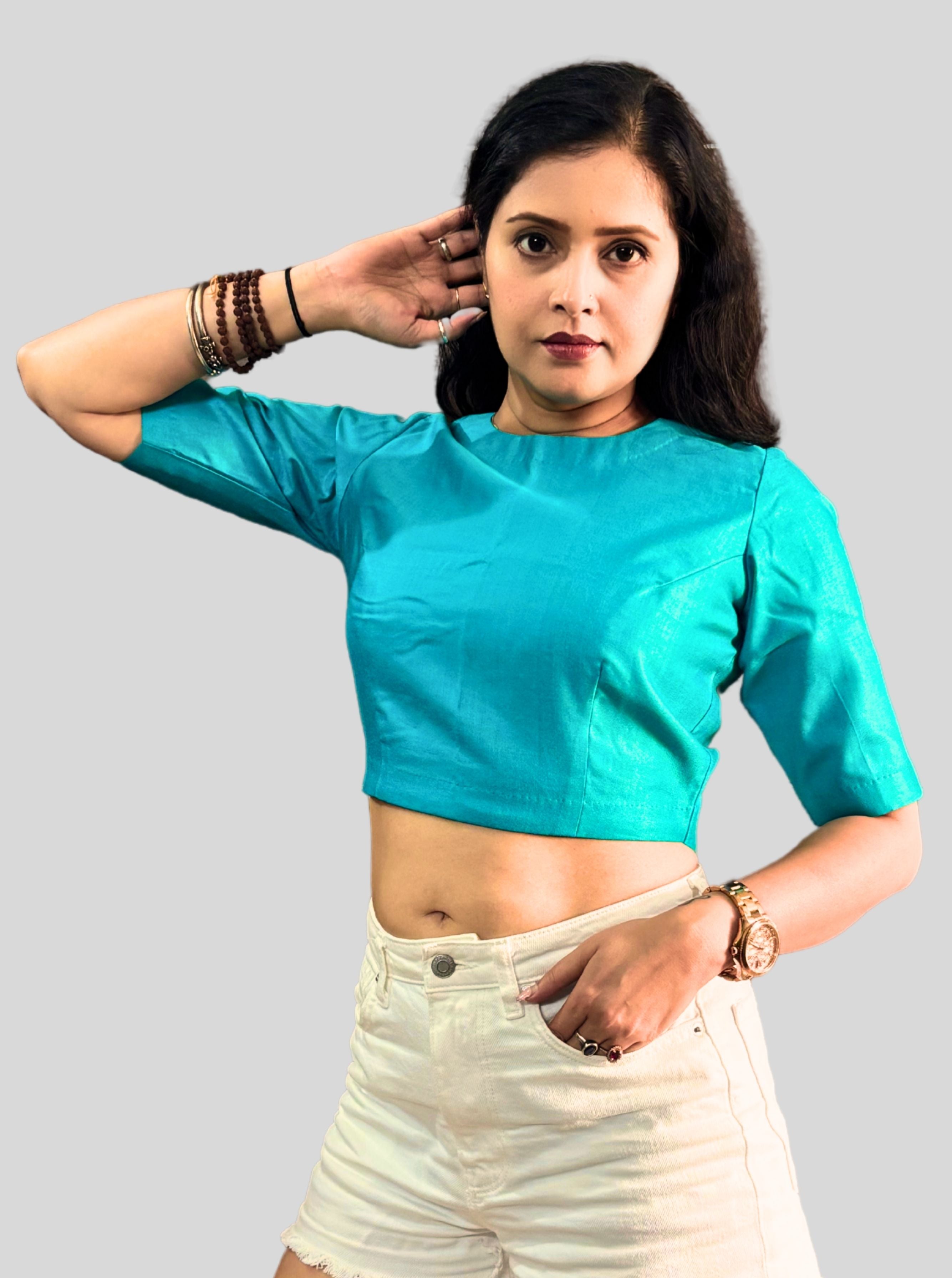 Round Neck Turquoise Cotton Tussar Silk Blouse with Back Wooden Buttons