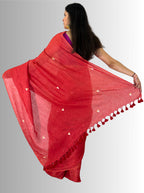 handloom linen red saree with bird hand embroiedry with blouse