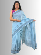 handloom cotton linen hand block print saree with blouse