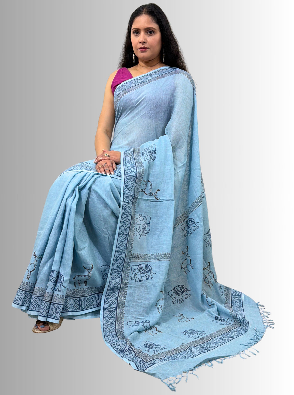 handloom cotton linen hand block print saree with blouse