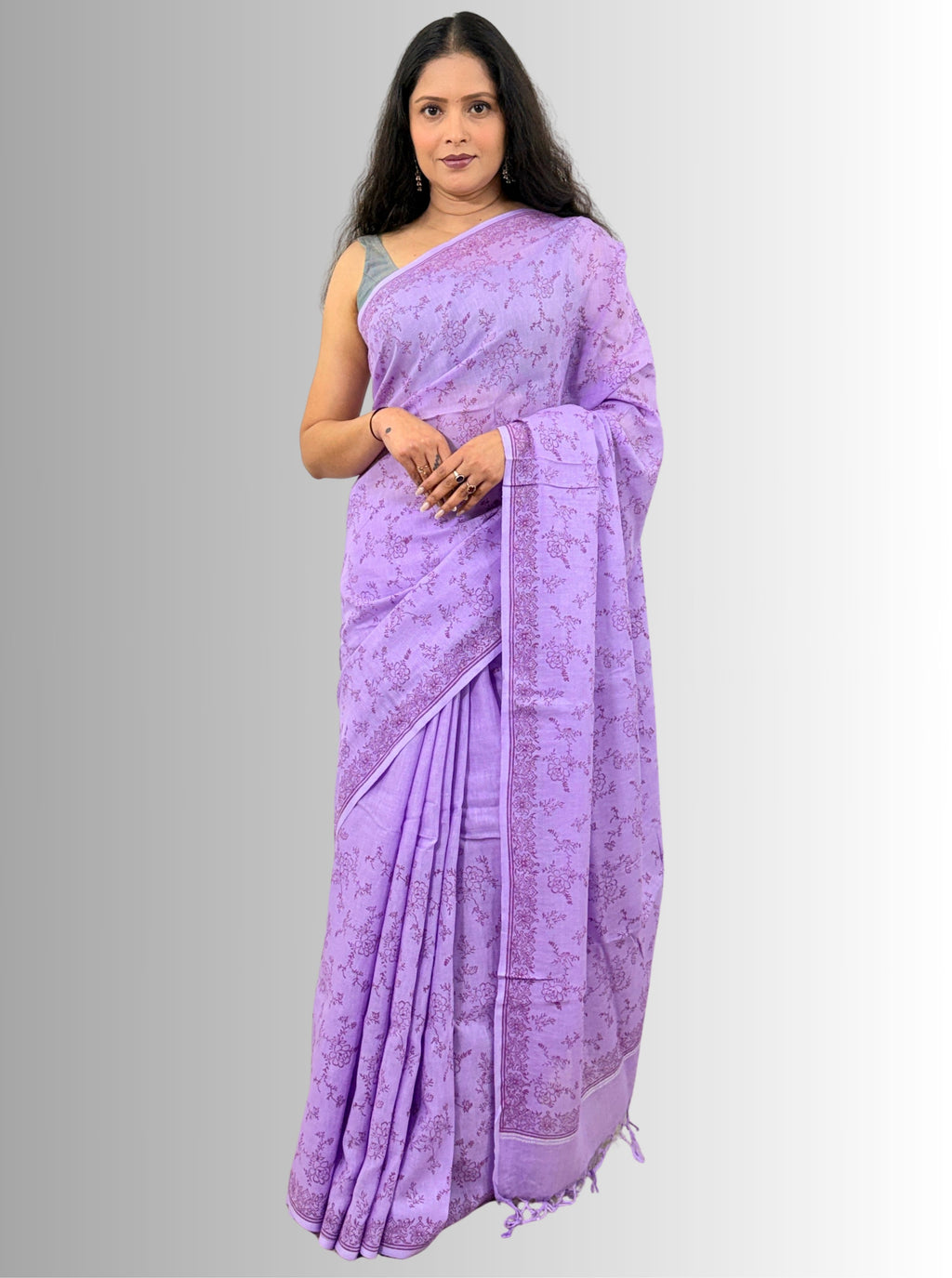 handloom cotton linen lilac hand block print saree with blouse