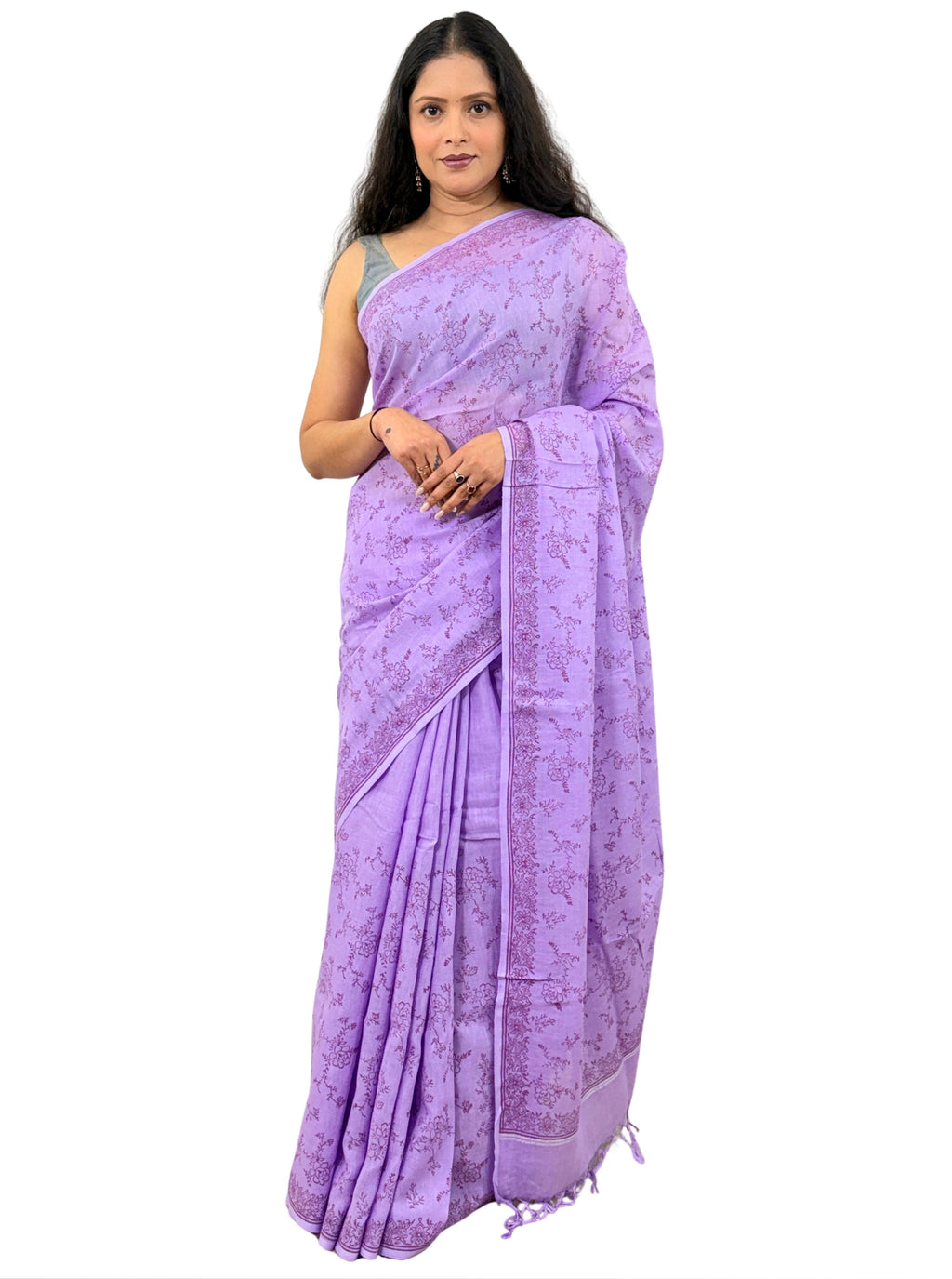 handloom cotton linen lilac hand block print saree with blouse