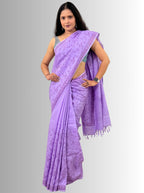 handloom cotton linen lilac hand block print saree with blouse