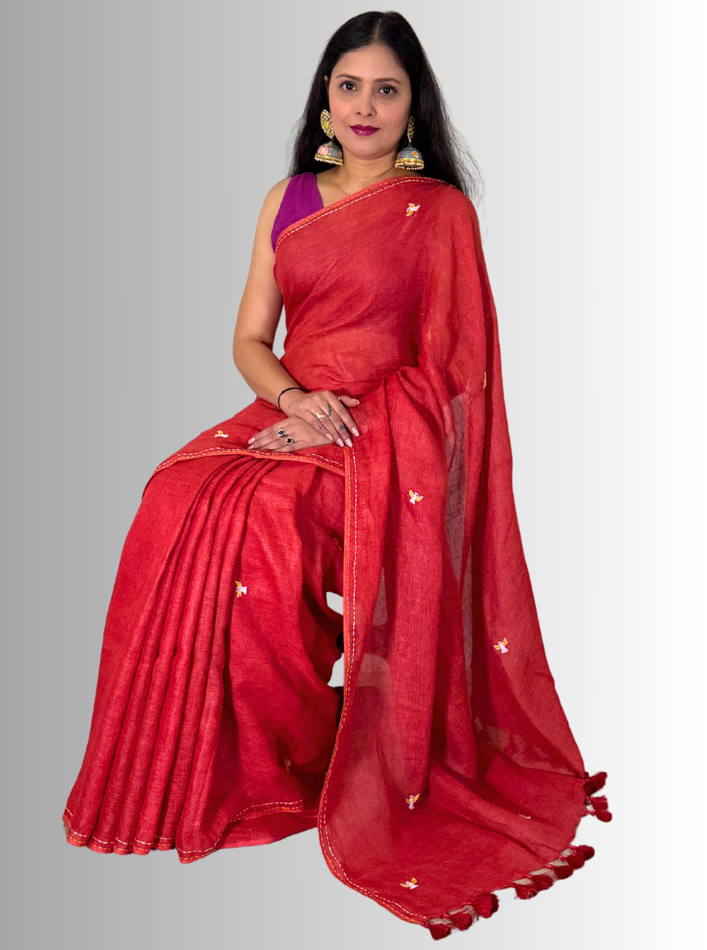 handloom linen red saree with bird hand embroiedry with blouse