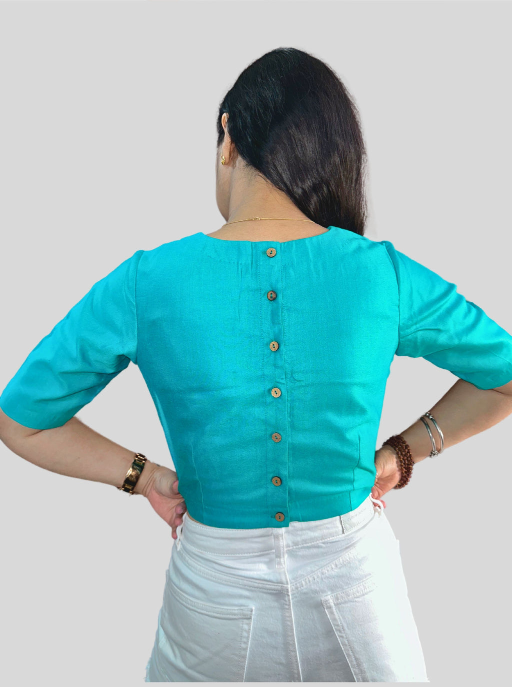 Round Neck Turquoise Cotton Tussar Silk Blouse with Back Wooden Buttons