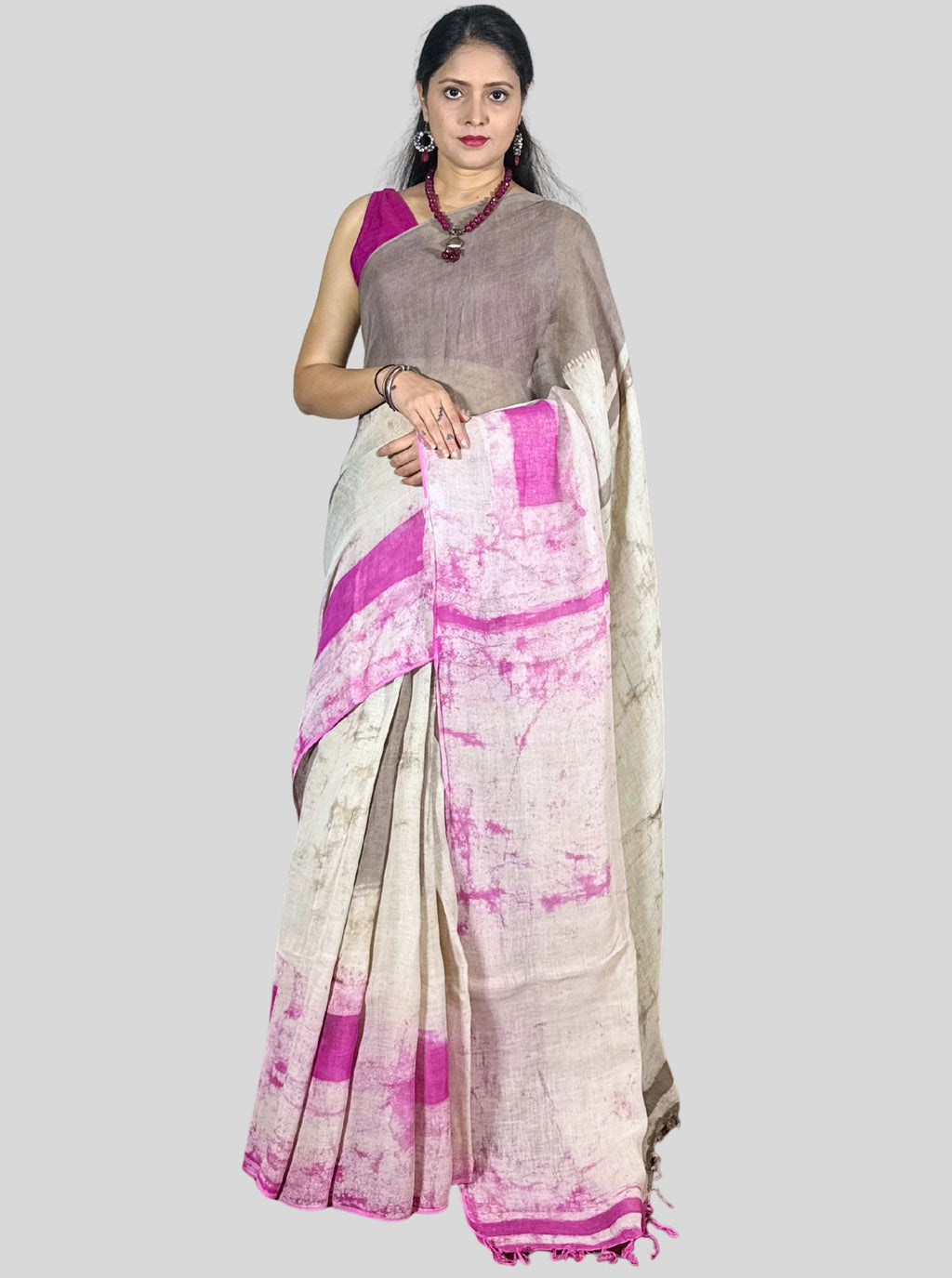 mouse colour and pink dabu print handloom linen saree with blouse