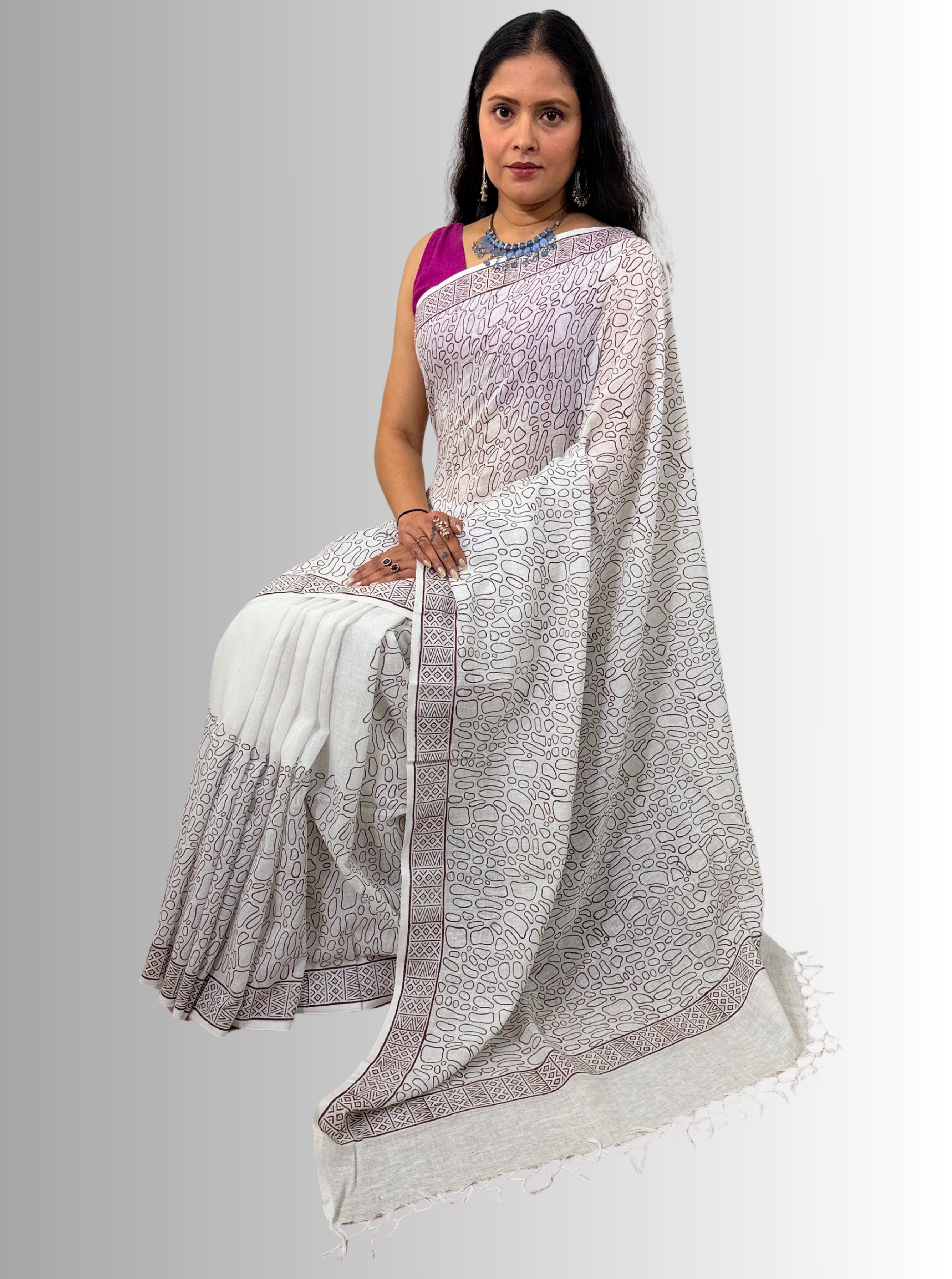 Handloom cotton linen white jaal hand block print saree with blouse