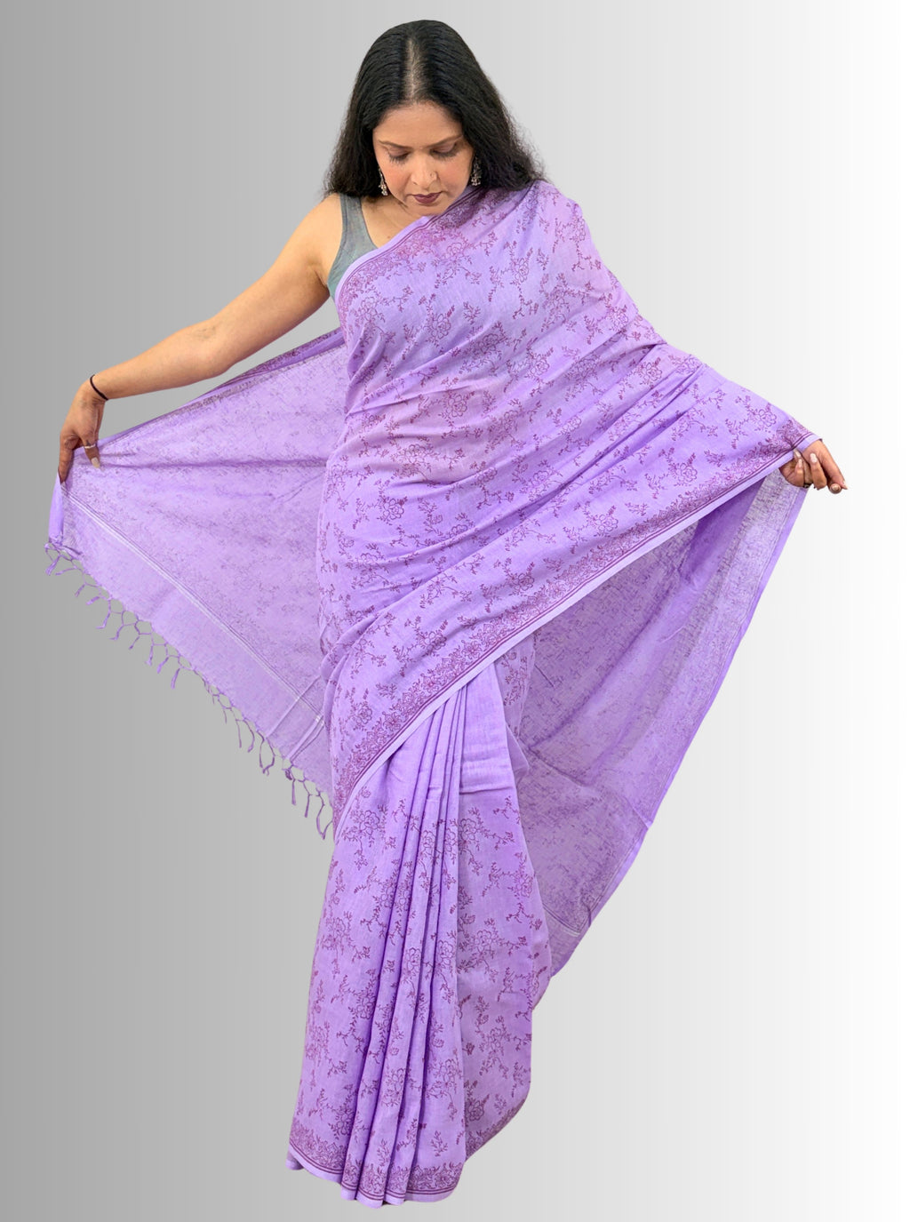 handloom cotton linen lilac hand block print saree with blouse
