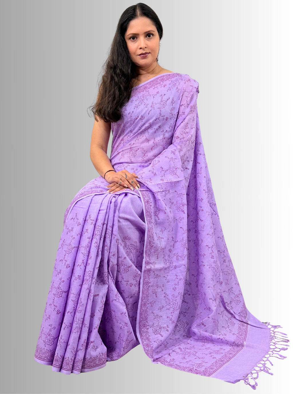 handloom cotton linen lilac hand block print saree with blouse