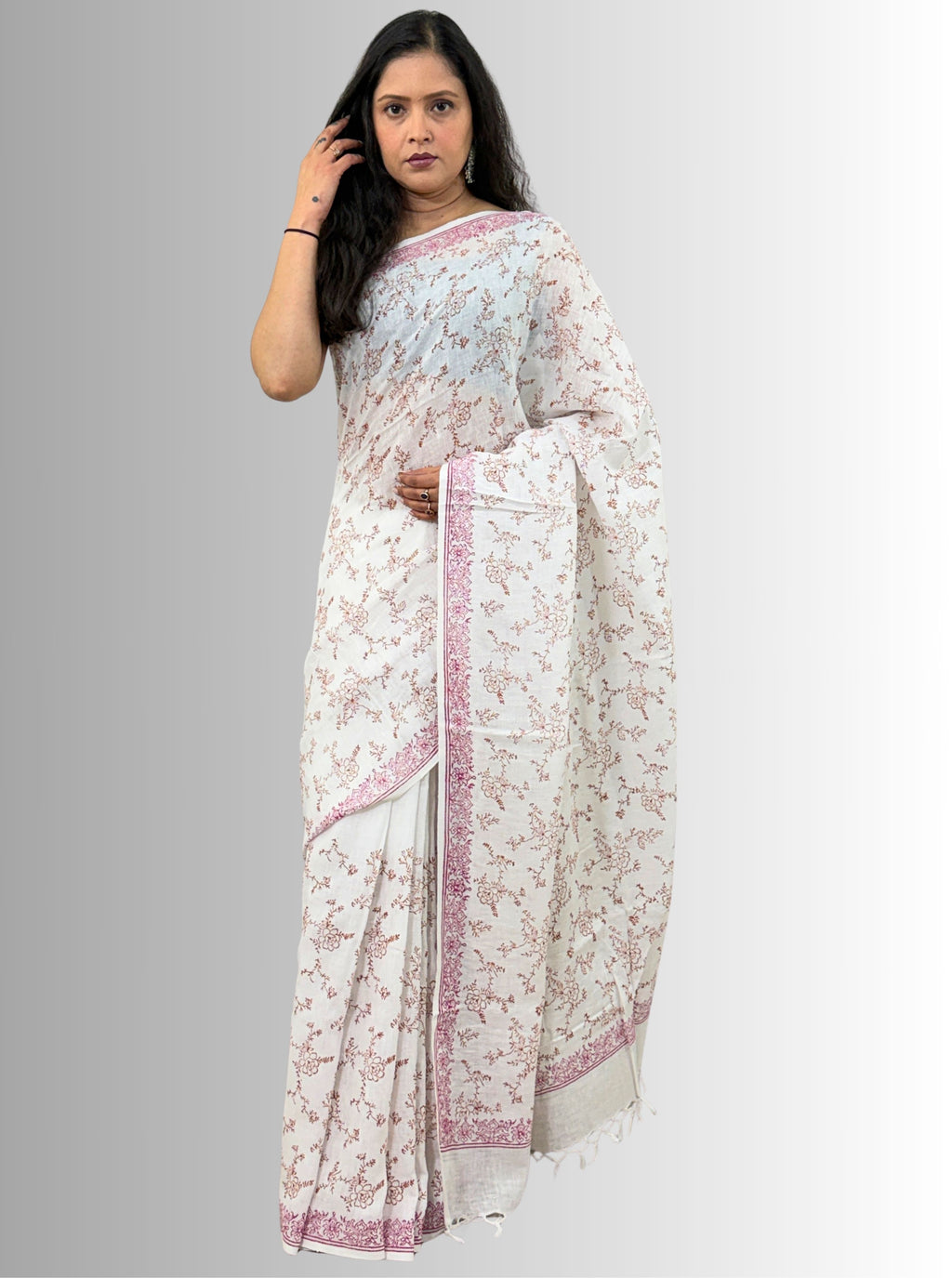 handloom cotton linen lilac hand block print saree with blouse