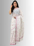 handloom cotton linen lilac hand block print saree with blouse