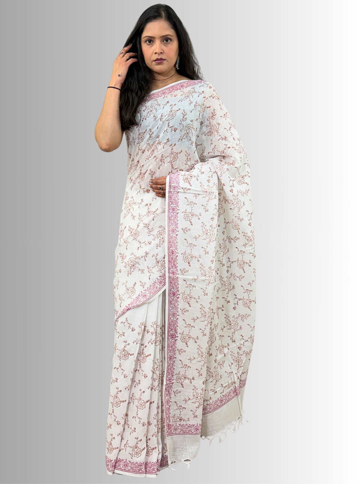 handloom cotton linen lilac hand block print saree with blouse