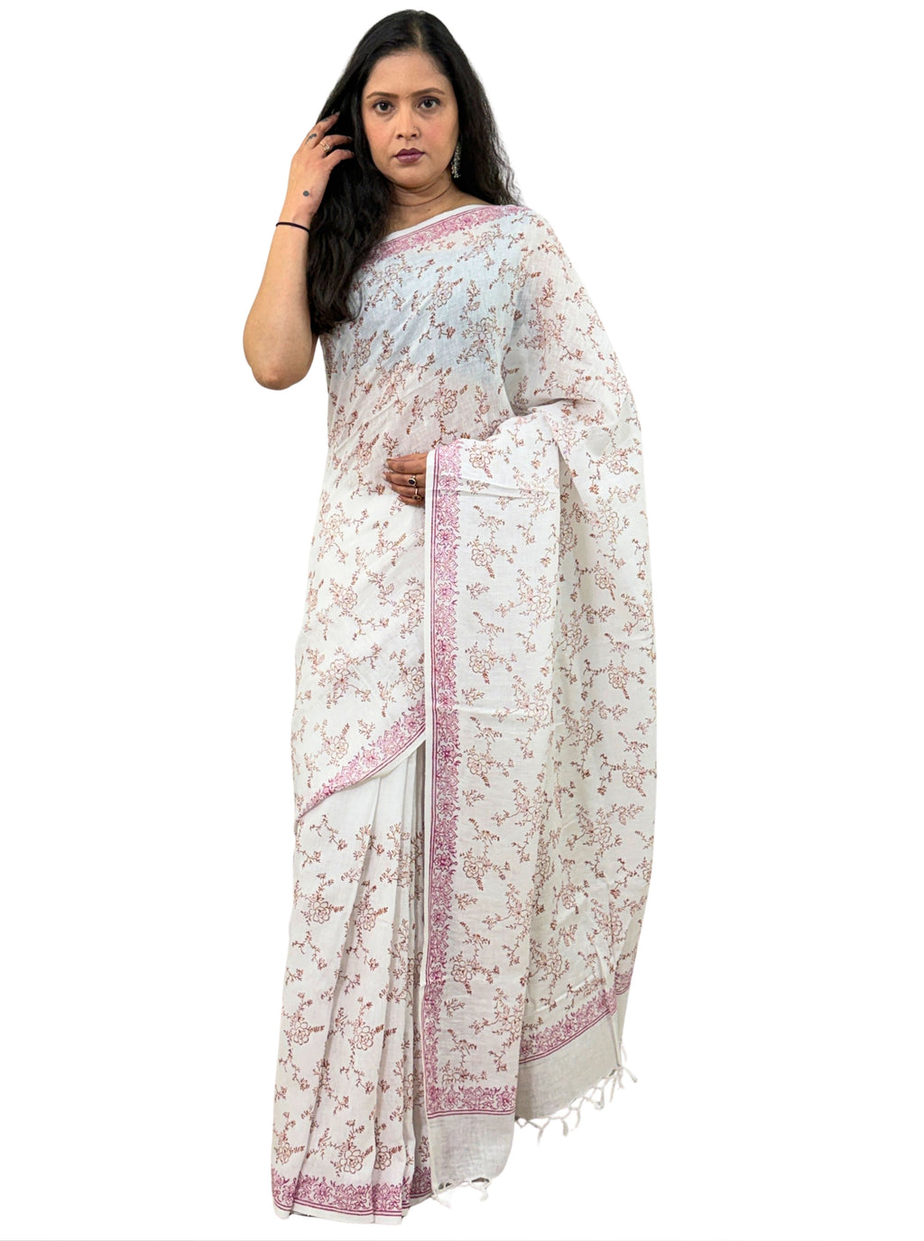 handloom cotton linen lilac hand block print saree with blouse