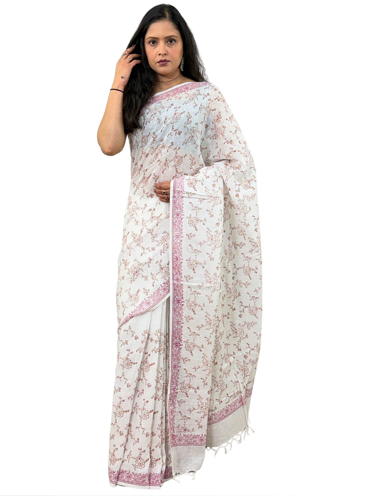 handloom cotton linen lilac hand block print saree with blouse