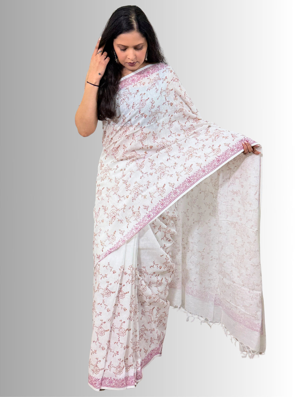 handloom cotton linen lilac hand block print saree with blouse