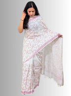 handloom cotton linen lilac hand block print saree with blouse