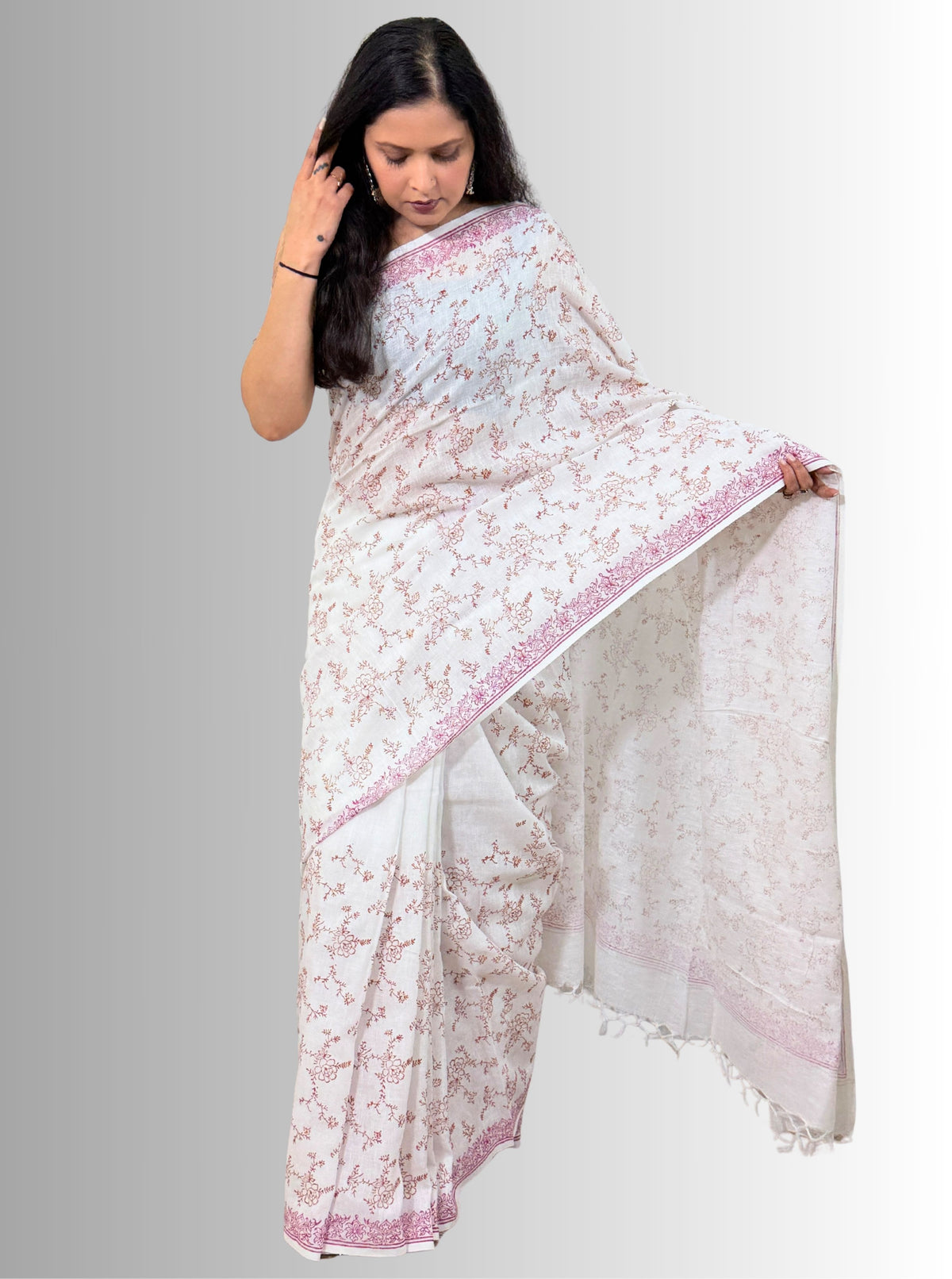 handloom cotton linen lilac hand block print saree with blouse