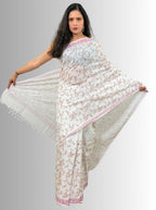 handloom cotton linen lilac hand block print saree with blouse
