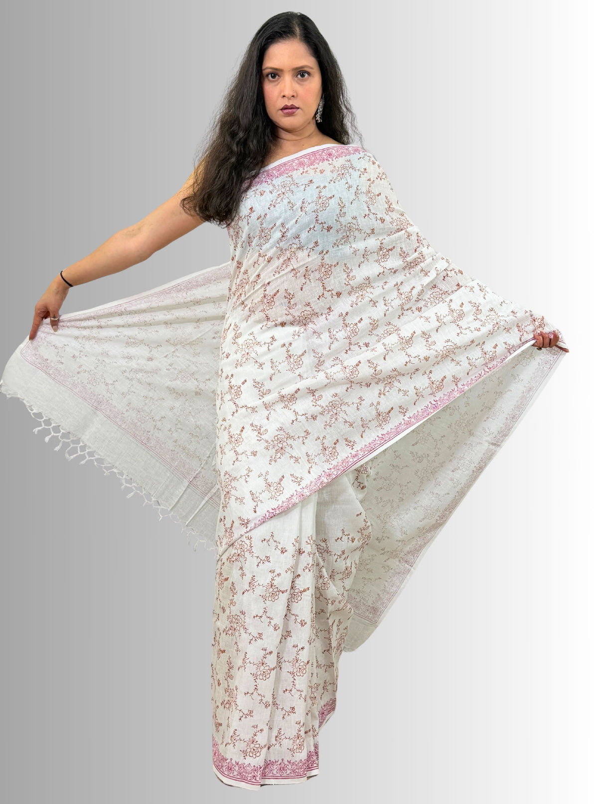 handloom cotton linen lilac hand block print saree with blouse