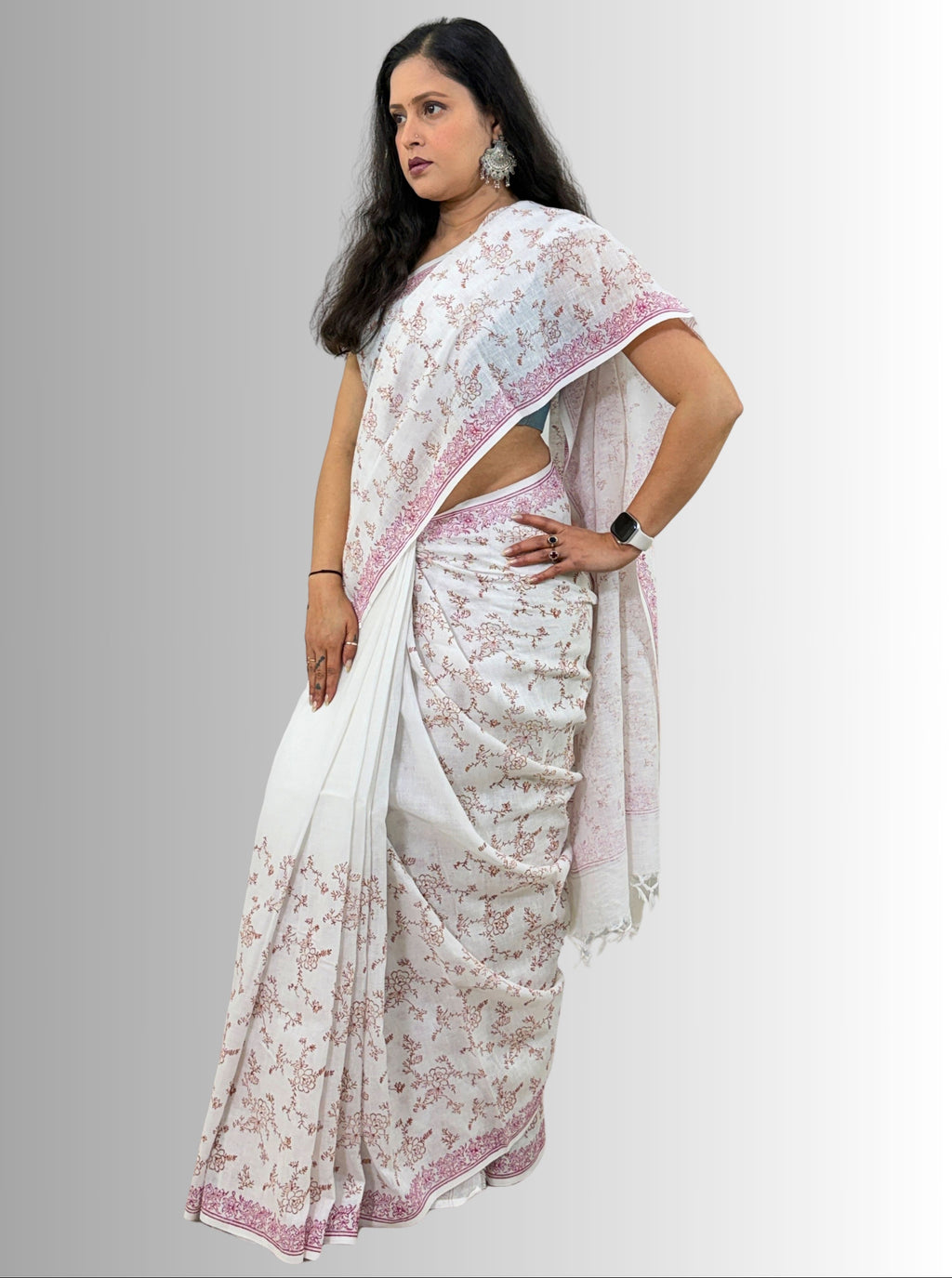handloom cotton linen lilac hand block print saree with blouse