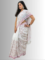 handloom cotton linen lilac hand block print saree with blouse