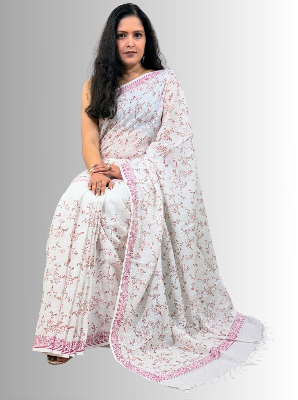 handloom cotton linen lilac hand block print saree with blouse