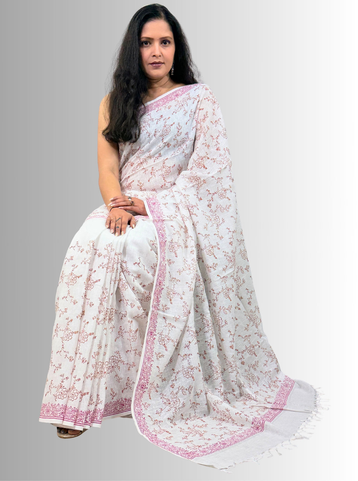 handloom cotton linen lilac hand block print saree with blouse