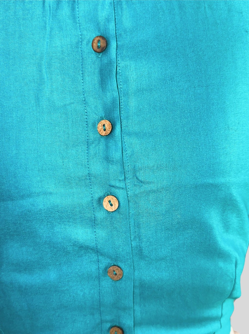 Round Neck Turquoise Cotton Tussar Silk Blouse with Back Wooden Buttons