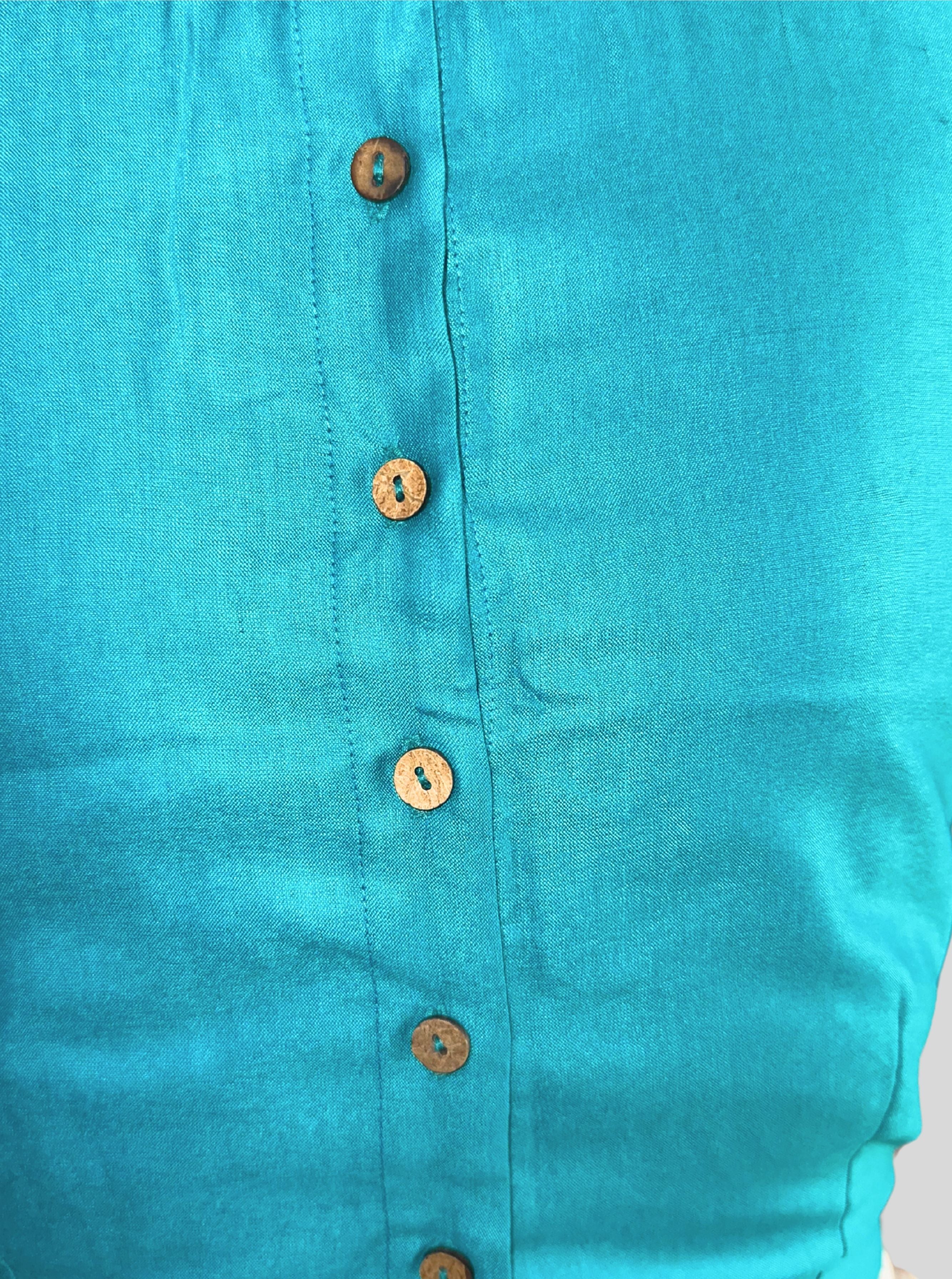 Round Neck Turquoise Cotton Tussar Silk Blouse with Back Wooden Buttons