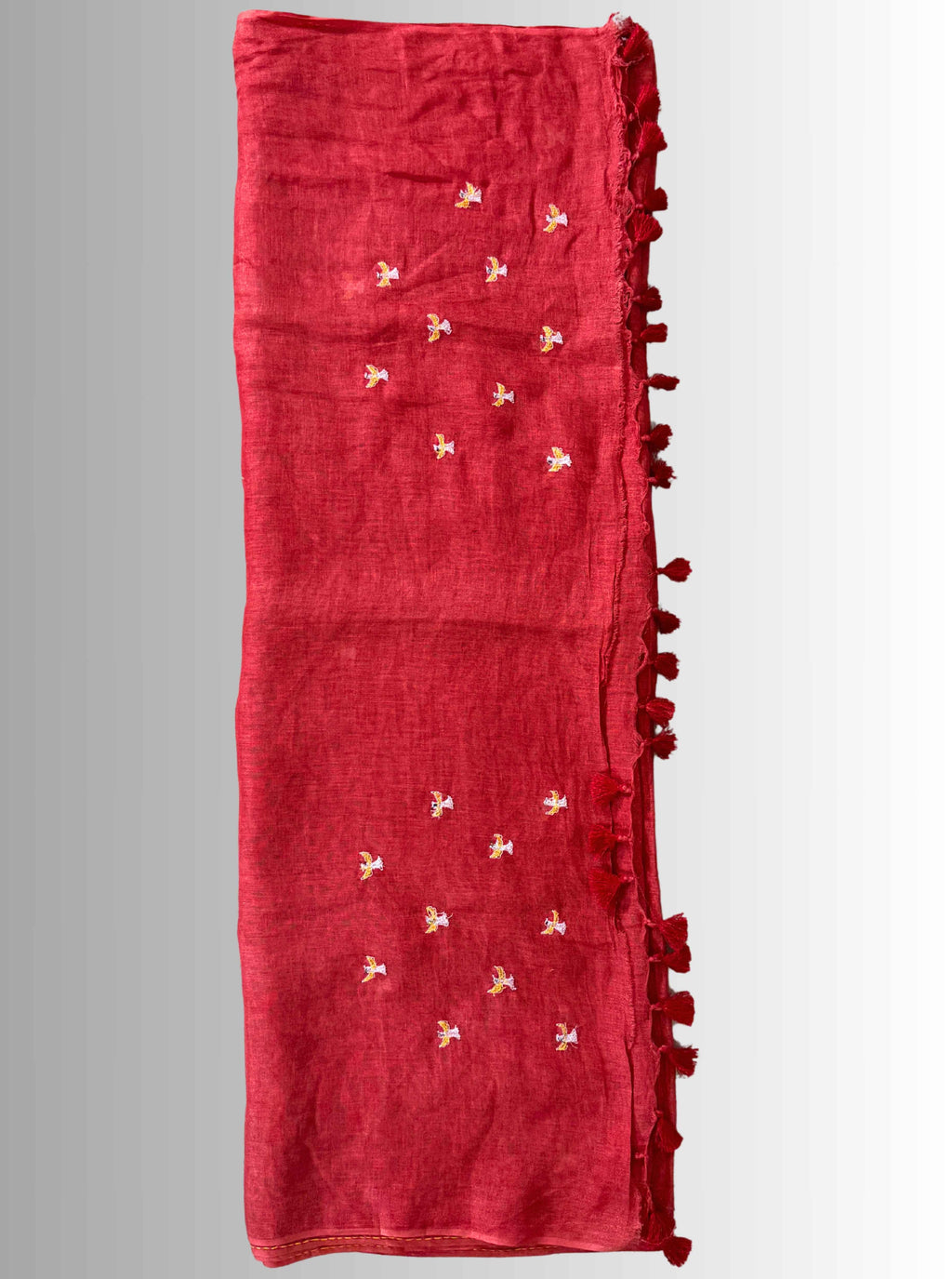 handloom linen red saree with bird hand embroiedry with blouse