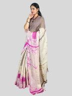 mouse colour and pink dabu print handloom linen saree with blouse