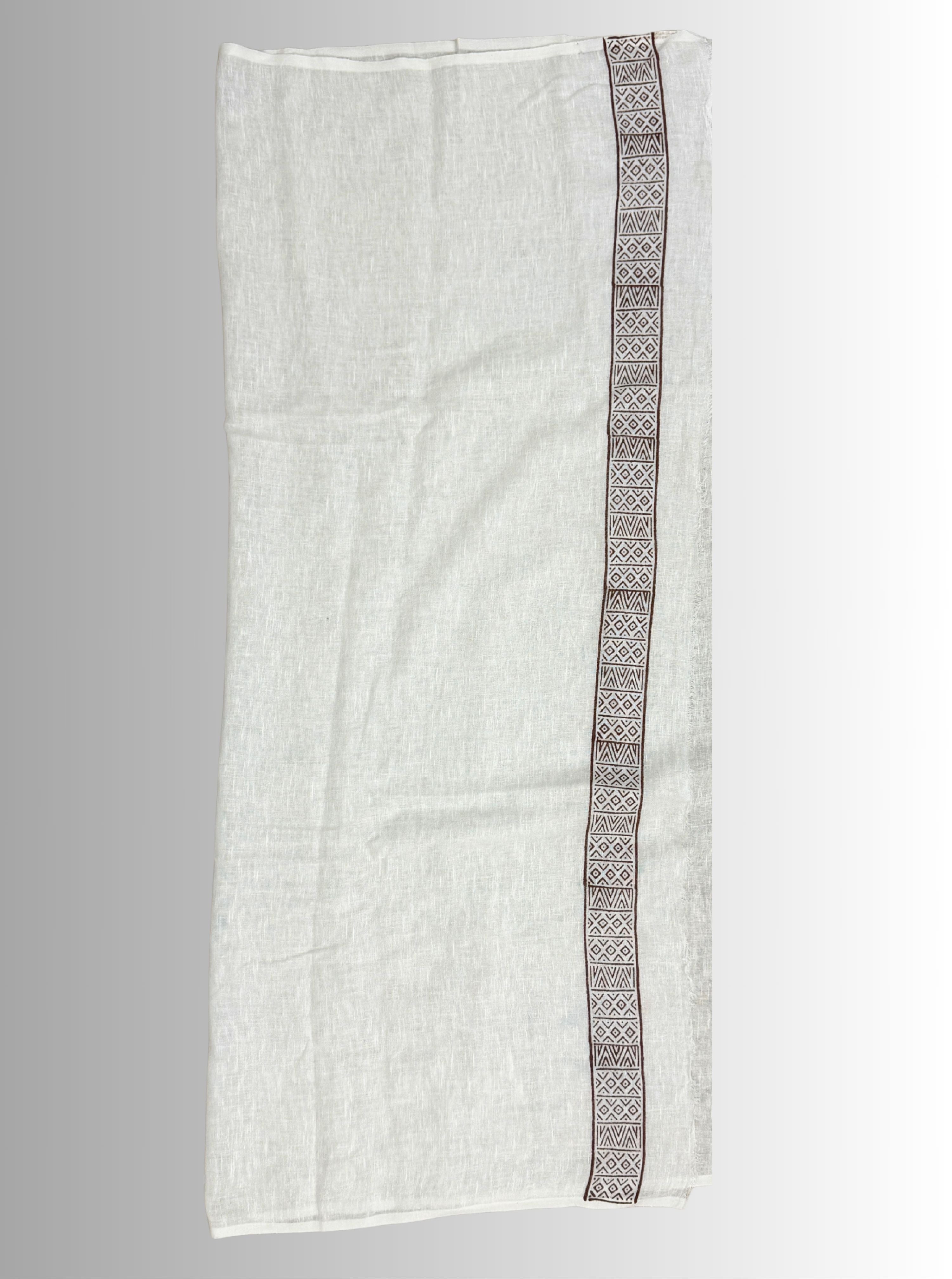 Handloom cotton linen white jaal hand block print saree with blouse