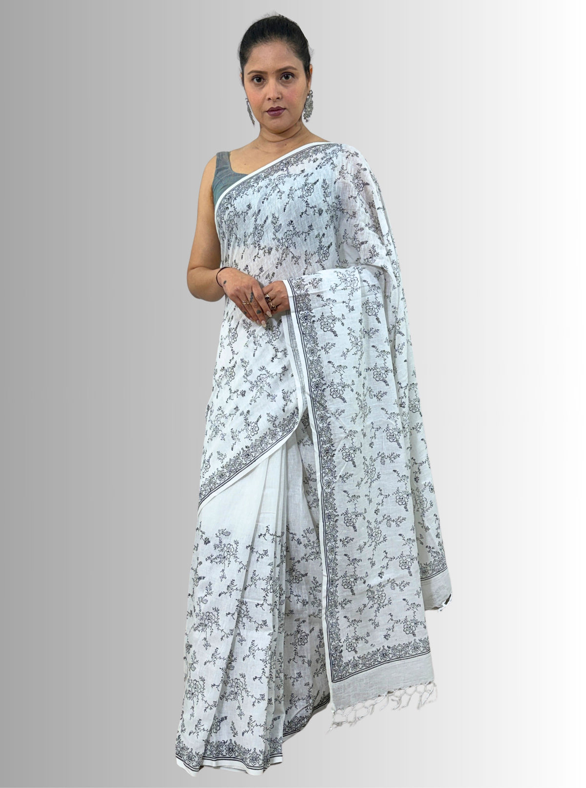 handloom cotton linen lilac hand block print saree with blouse