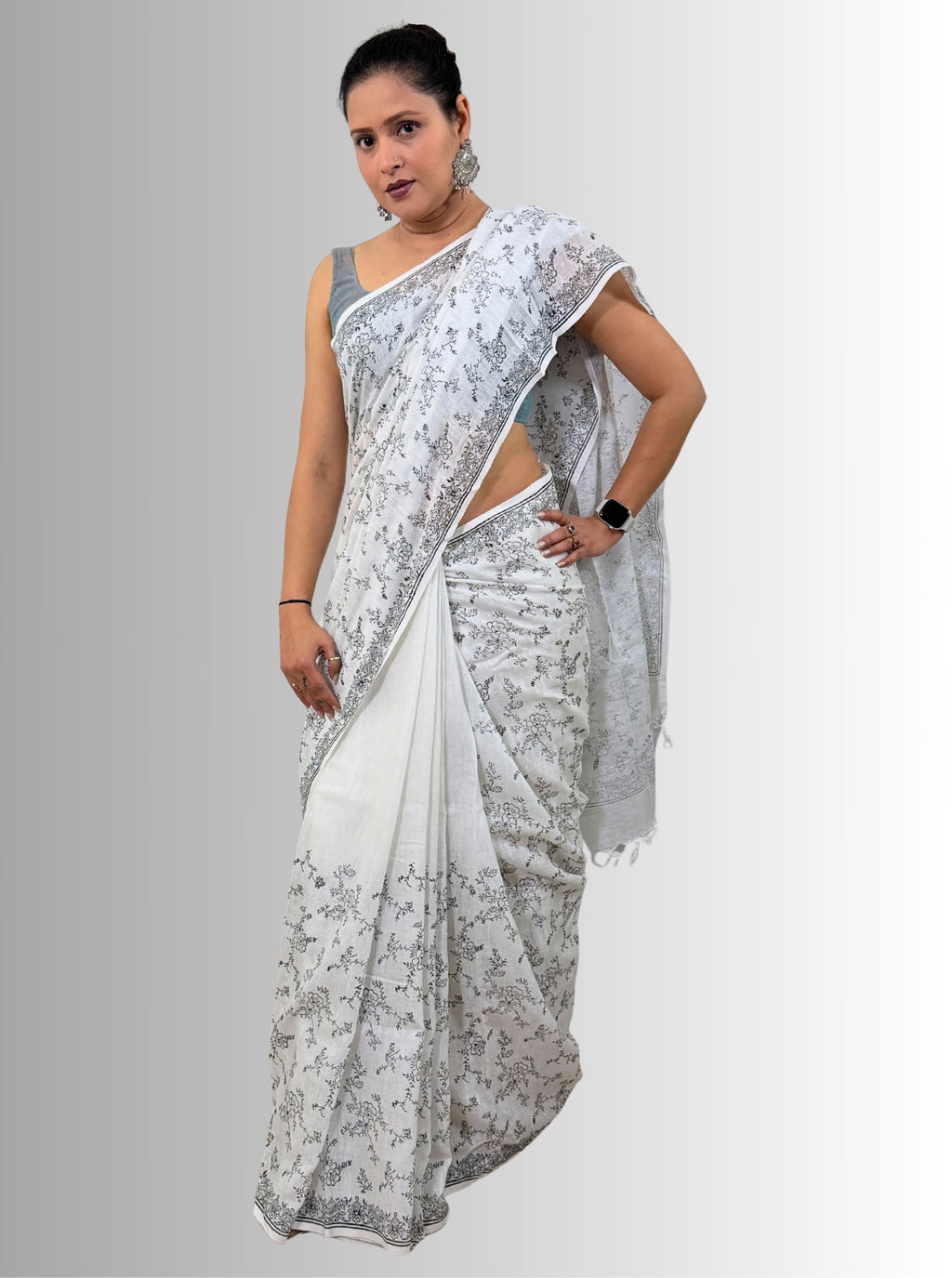 handloom cotton linen lilac hand block print saree with blouse