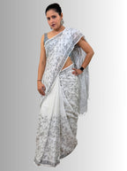 handloom cotton linen lilac hand block print saree with blouse