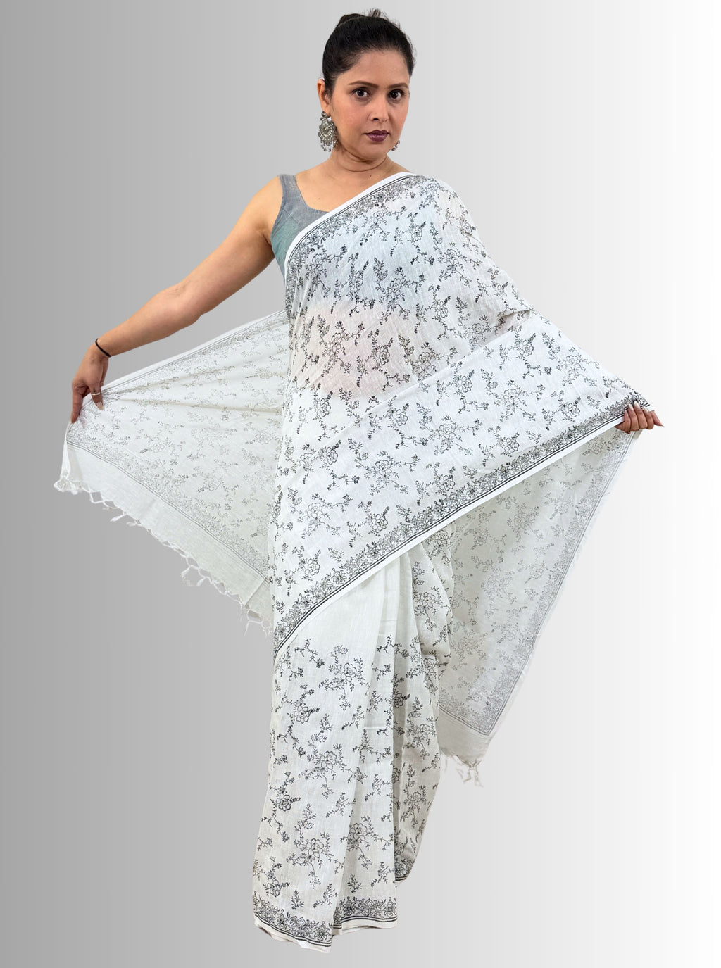 handloom cotton linen lilac hand block print saree with blouse