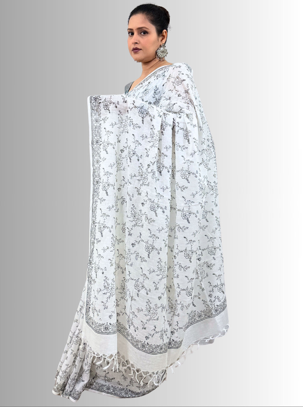 handloom cotton linen lilac hand block print saree with blouse