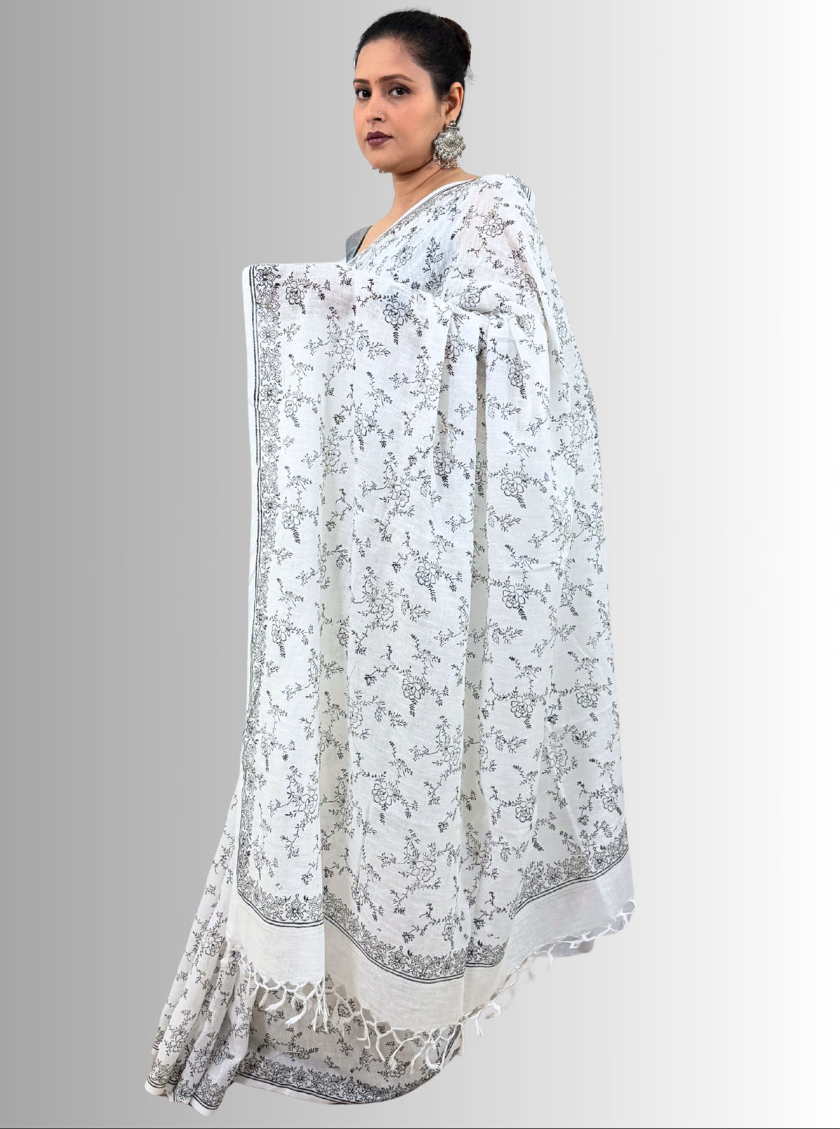 handloom cotton linen lilac hand block print saree with blouse