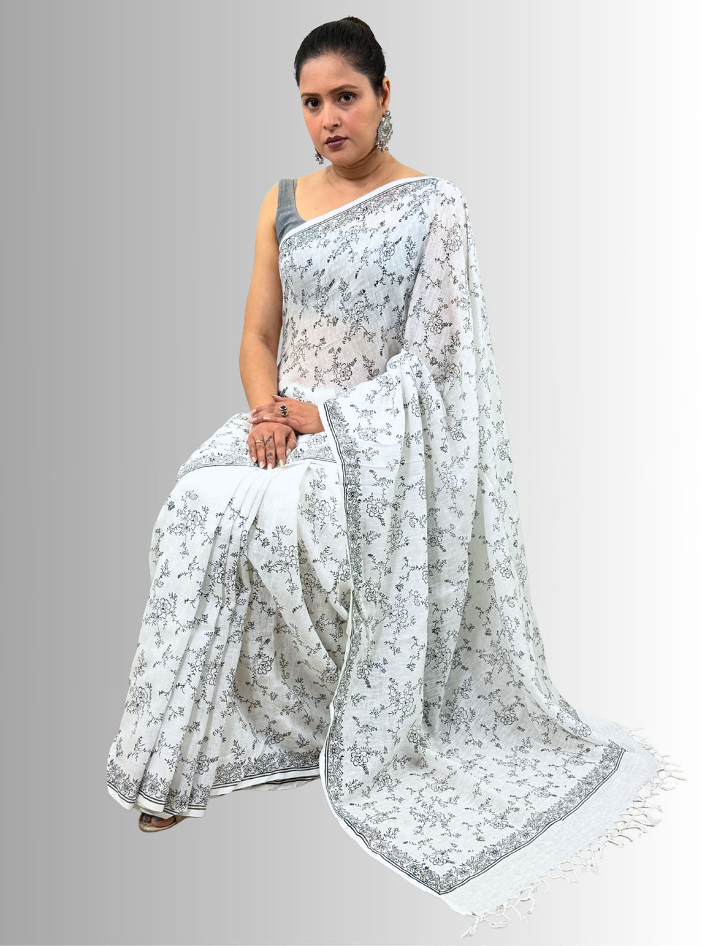 handloom cotton linen lilac hand block print saree with blouse