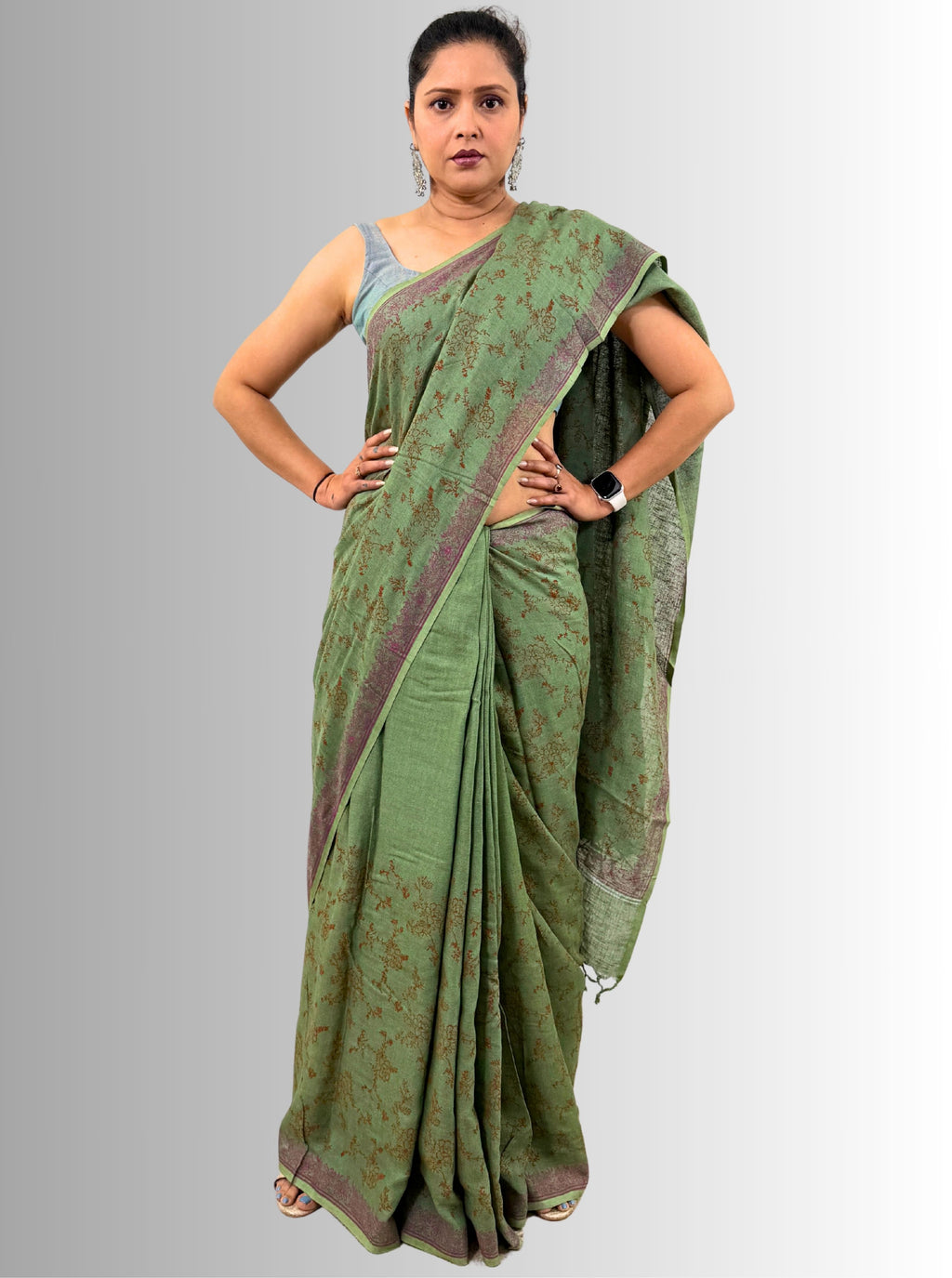 handloom cotton linen lilac hand block print saree with blouse